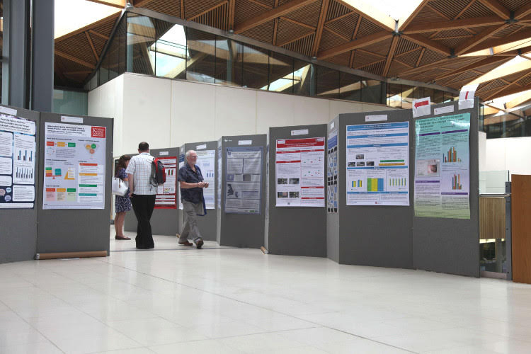 Delegates walking past a run of grey display boards with posters mounted, in a timber-roofed atrium